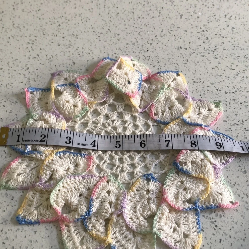 4 vintage crocheted 2 dollies 2 pot holders pink, yellow & blue